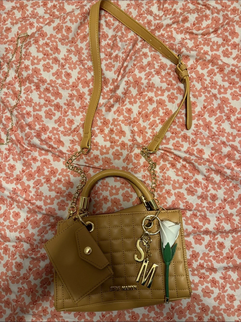 Steve Madden Quilted Tan Satchel with Gold Chain Accents